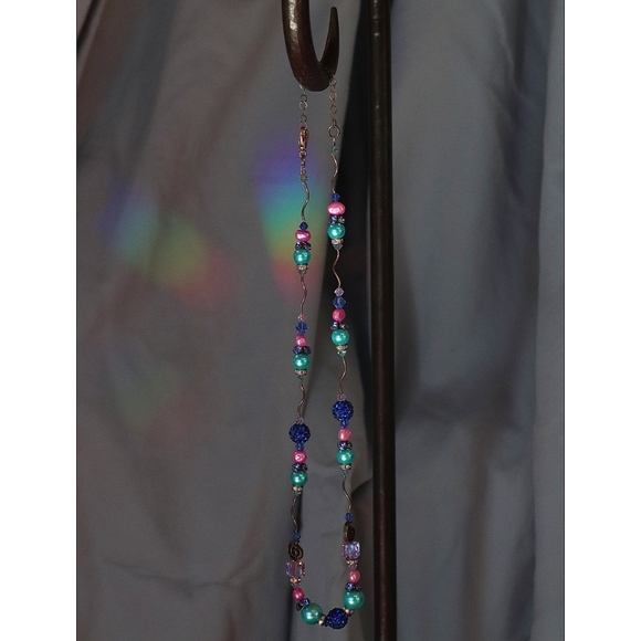 Custom Crystal Necklace with Peacock Turquoise Pink Lavender Crystals Metal Art - Picture 3 of 6